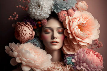 Abstract retro portrait of a woman with her head covered with a large bouquet of natural pink flowers and eyes closed on pastel background, concept of people in love. Generative AI