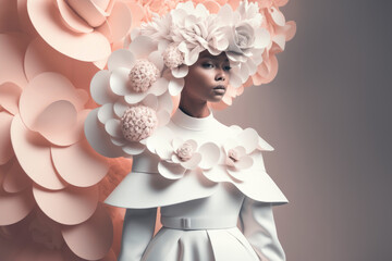 Fashion model woman in trendy dress and with huge flowers surrounding her head and decorating the background. Generative AI
