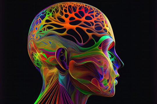 Abstract Anatomical Illustration Of The Human Head In Profile With Colorful Network Of Connections. Science, Research Concept. Generative AI.