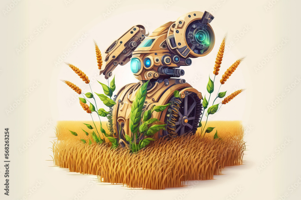 Poster farmer robot working in a wheat field. intelligent farming idea. generative ai