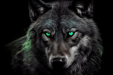 a wolf with green glowing eyes, background image, lifelike design