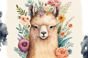 Fotobehang Boho dieren Illustration of a bear, a koala, a fox, and other animals in watercolor with bohemian flowers. Generative AI