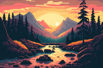 Background of a mountain river landscape at sunset serves as an inspiration. Generative AI