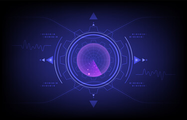 Abstract radar with targets on monitor in searching. Digital realistic vector. Navigation interface sonar wallpaper. Technology background