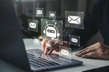 ChatGPT Chat with AI or Artificial Intelligence technology, Robot application, Businessman using laptop with Chat bot online, chatting communication, Futuristic technology.