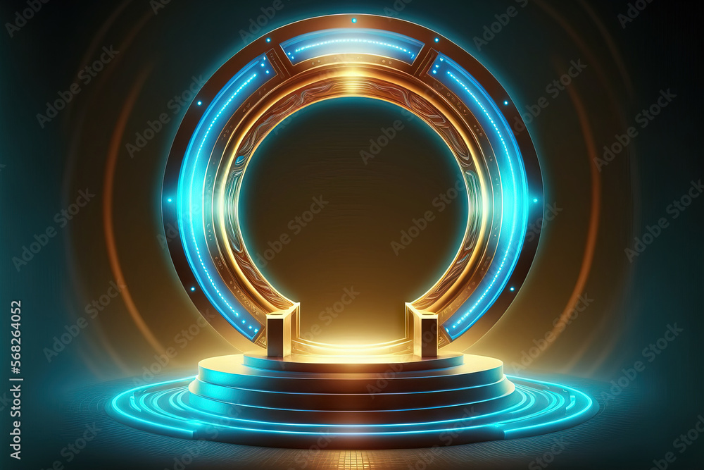 Poster teleport podium in a circle. stage with holograms and portal neon in the future. magical science fic