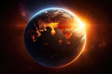 globe in space, sun in background, sunrise