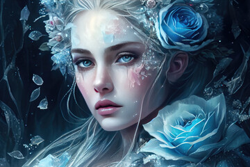 ice princess vivid looking blue flowers and blue eyes