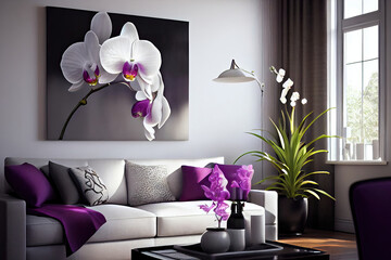 modern impressive furnished living room, white couch picture on the wall, indoor plants