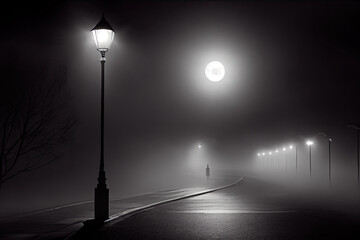 street lit by lanterns, full moon