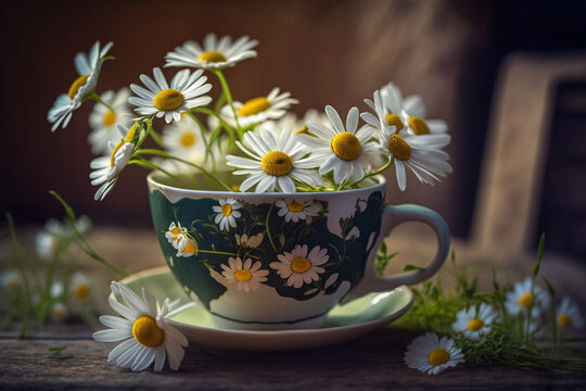 Bring the Spring Vibes to Your Home with Chamomile Flowers in a Teacup on Wooden Table in Garden