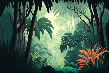 Fototapeta na wymiar Illustration of tropical trees and leaves in a misty forest. Generative AI
