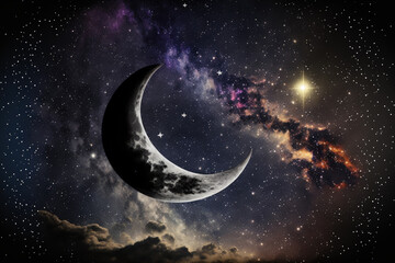 Obraz na płótnie Canvas Dark starry sky with a dazzling moon is illuminated by a galaxy banner. Generative AI