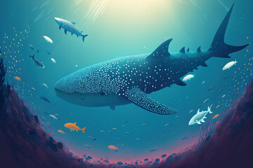 Obraz na płótnie Canvas Landscape of a whale shark, giant sea fish, adventure, diving, and snorkeling. Generative AI