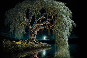 Irish landscape, weeping willow tree overhanging river, night, moon. Generative AI