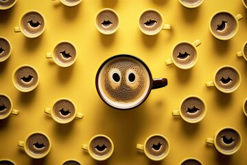 Smiling Cappuccino Pattern on Yellow Background: A Perfect Coffee Moment. Photo AI