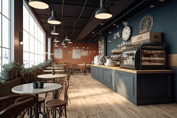 A Cozy Coffee Shop: Wooden Tables, Coffee Maker, Pastries, and Pendant Lights. Photo AI