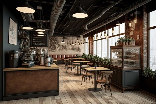 A Cozy Coffee Shop: Wooden Tables, Coffee Maker, Pastries, and Pendant Lights. Photo AI