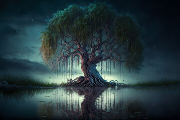 Irish landscape, weeping willow tree, night, water. Generative AI