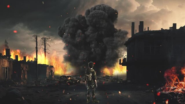Back view of young boy in the ruined city and explosion on the background.