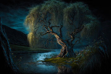 Irish landscape, weeping willow tree by a river, night. Generative AI - obrazy, fototapety, plakaty