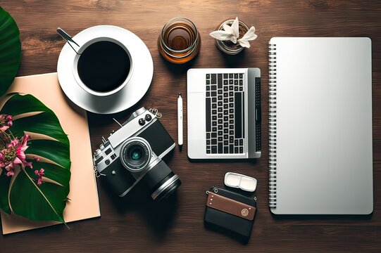 Modern Life: Magazine, Phone, Laptop & More on Tabletop Flat Lay. Photo AI