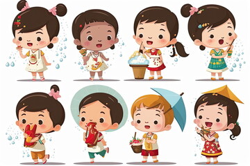 Set of thai children's, traditional dress on songkran festival with element for graphic designer, cute cartoon characters, vector illustration, Made by AI,Artificial intelligence