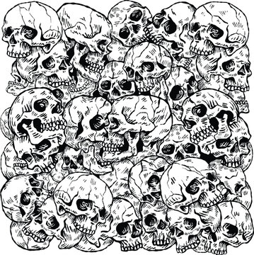 A pile of skulls human skulls with many shaped background tattoo hand drawing vectors art lines v.2