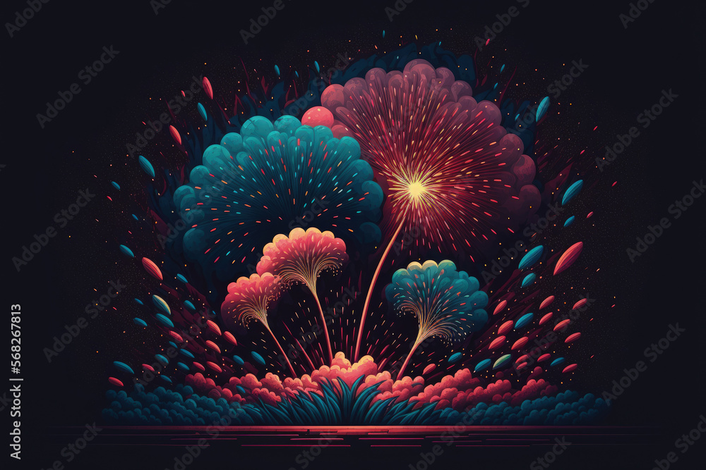 Poster fireworks display on a dark background. generative ai