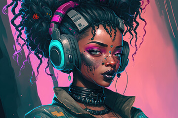 A realistic image of an ebony female decked up in cyberpunk attire, including a headset. futuristic, high tech man from the future. Cyberpunk and the illustration of virtual reality are examples