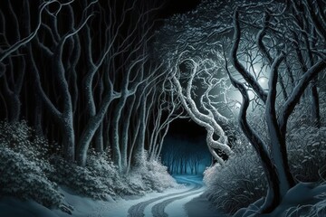 Snowy path in winter fairytale forest,  Generative Ai art. Fantasy landscape