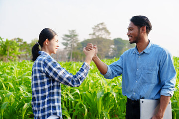 Working together Asian couple farmer works and monitors the growth of corn plants in a corn field to prepare fertilizers to increase the yield of healthy, healthy corn, well-weighted maize.