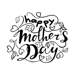 Mother’s Day elegant lettering with swooshes, hearts, flowers and leaves. Handwritten modern brush calligraphy. Black words isolated on white background. Vector illustration