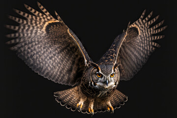 Eagle owl, Bubo bubo, and a gigantic owl flying directly towards the camera with fully extended wings are isolated on a black background. brilliant orange eyes of the owl. Nighttime raptor in backligh
