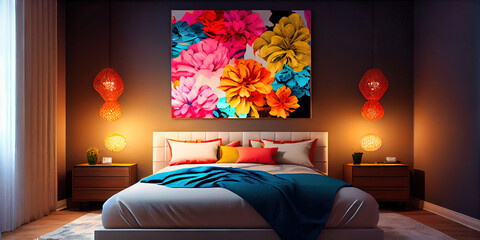 Floral Bedroom Interior Design - modern room arranged with feng shui in mind for a relaxing and humble abode that's clean, fresh, and has natural lighting. Generative AI