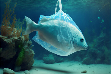 sea pollution with fish in plastic, AI generate