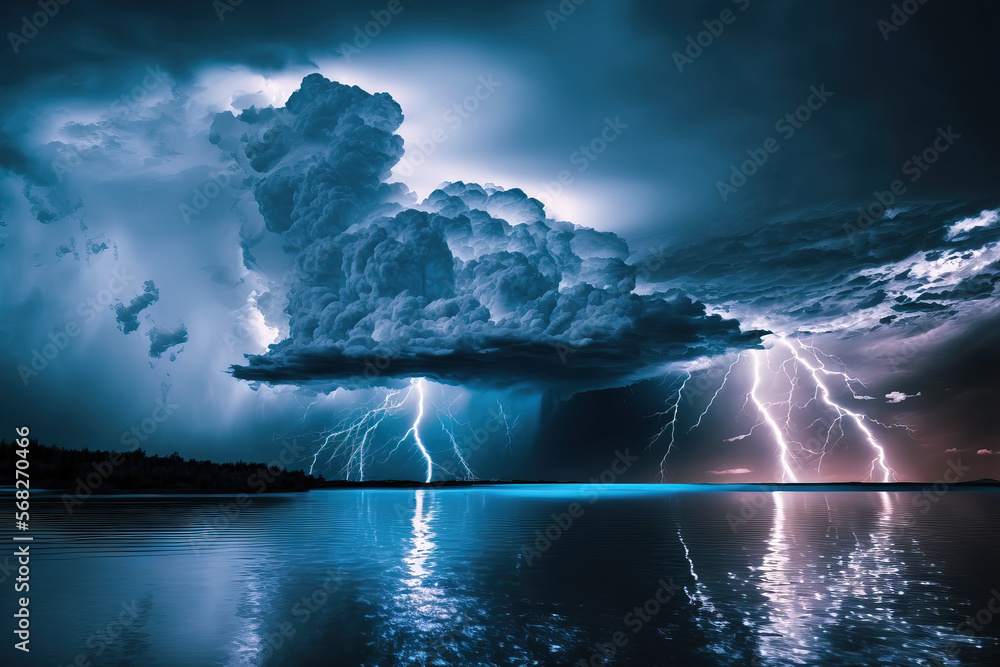 Poster gloomy blue skies and thunder storms. metaphor can refer to many different things. adapting circumst