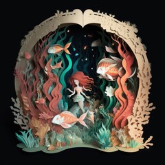 The Little Mermaid Fairy tale paper cut story, style on colors, generative by AI