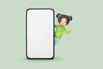 girl character waving hand behind big smartphone screen 3d render, 3d illustration