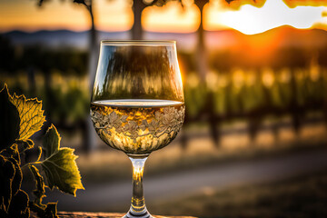 A freshly cooled glass of ice wine while enjoying a summer sunset over a Canadian vineyard. Generative AI