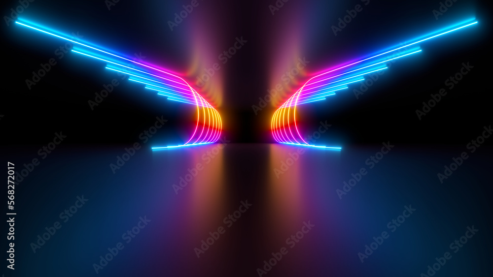 Poster sci fy neon glowing wave lines in a dark hall. reflections on the floor and ceiling. 3d rendering im
