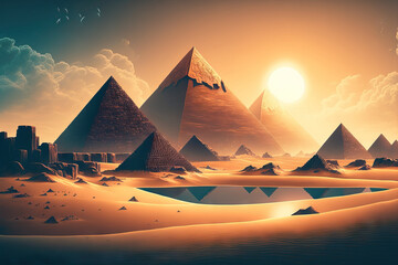 Fototapeta na wymiar Egyptian stone pyramids are being illuminated by the sun. concept art for fantasy. bright desert. earlier Egypt. digital illustration with a grainy texture and surface imperfections. Generative AI