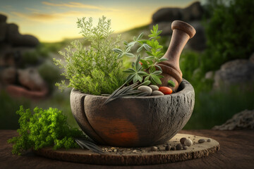 Fresh herbs from the garden in a wooden olive mortar with a background of a bright landscape Image. Generative AI - obrazy, fototapety, plakaty