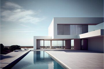 Fototapeta na wymiar Beautiful and luxury residential villa with modern architecture, swimming pool and sea view. Generative AI illustration