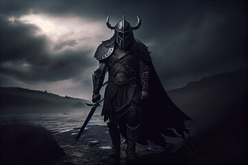 Dark fantasy, berserker, swordsman in dark armor, gloomy ominous landscape. Generative AI - obrazy, fototapety, plakaty