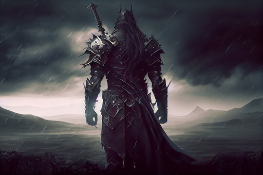 Dark fantasy, berserker, swordsman in dark armor, gloomy ominous landscape. Generative AI