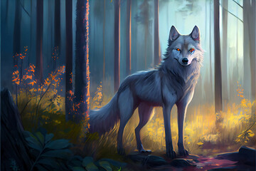 Painting o white wolf standing in a forest. Digital art style. Generative AI illustration