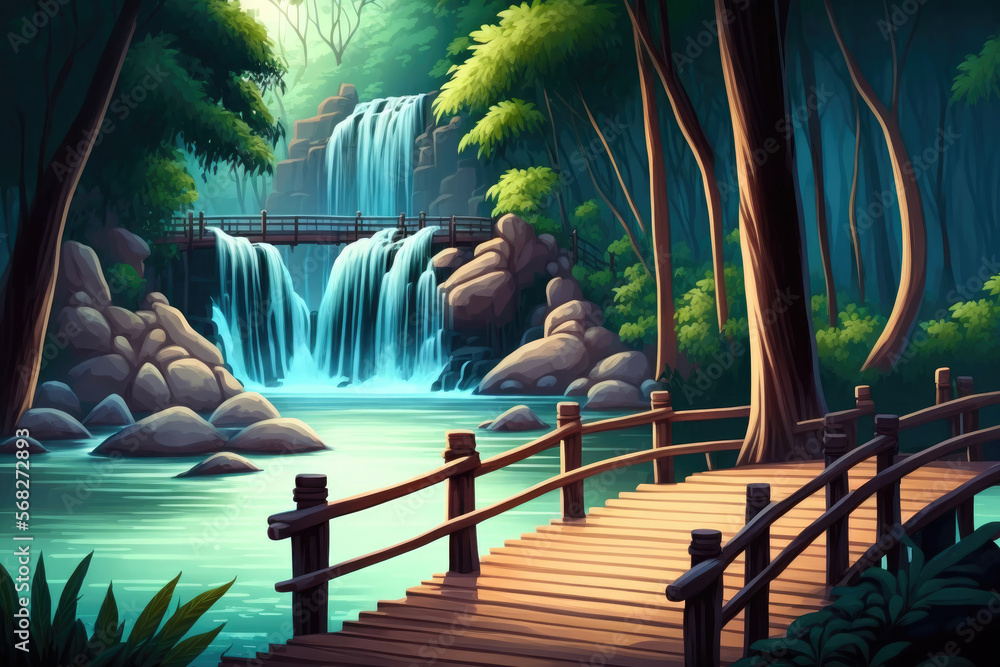 Canvas Prints Beautiful waterfall with a wooden pier in a deep forest in Kanchanaburi, Thailand. Generative AI