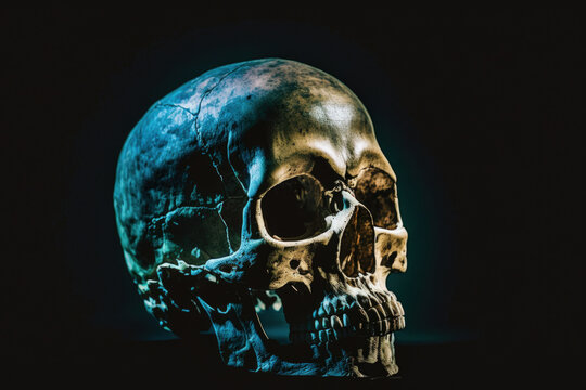 Close up of a person's skull against a dark background. Generative AI
