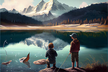 Two boys fishing on the lake with beautiful mountain. Digital art style. Generative AI illustration